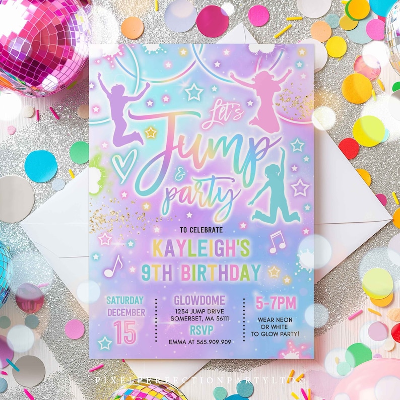 May include: A colorful invitation for a jump party, featuring the text "Let's Jump & Party" and details for Kayleigh's 9th birthday. The design includes jumping figures, stars, and musical notes in pastel colors. The invitation is on a white envelope.