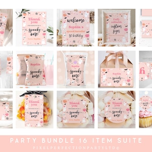 Editable Spooky One 1st Birthday Party Invitation Bundle Pink Cute Halloween Ghost 1st Birthday Party Decor Supplies Kit Instant Download DS