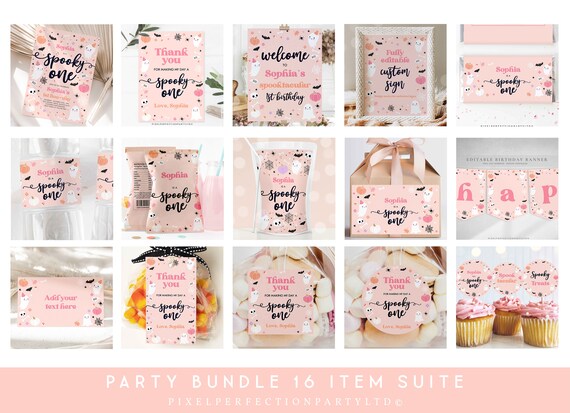 Editable Spooky One 1st Birthday Party Invitation Bundle Pink Cute