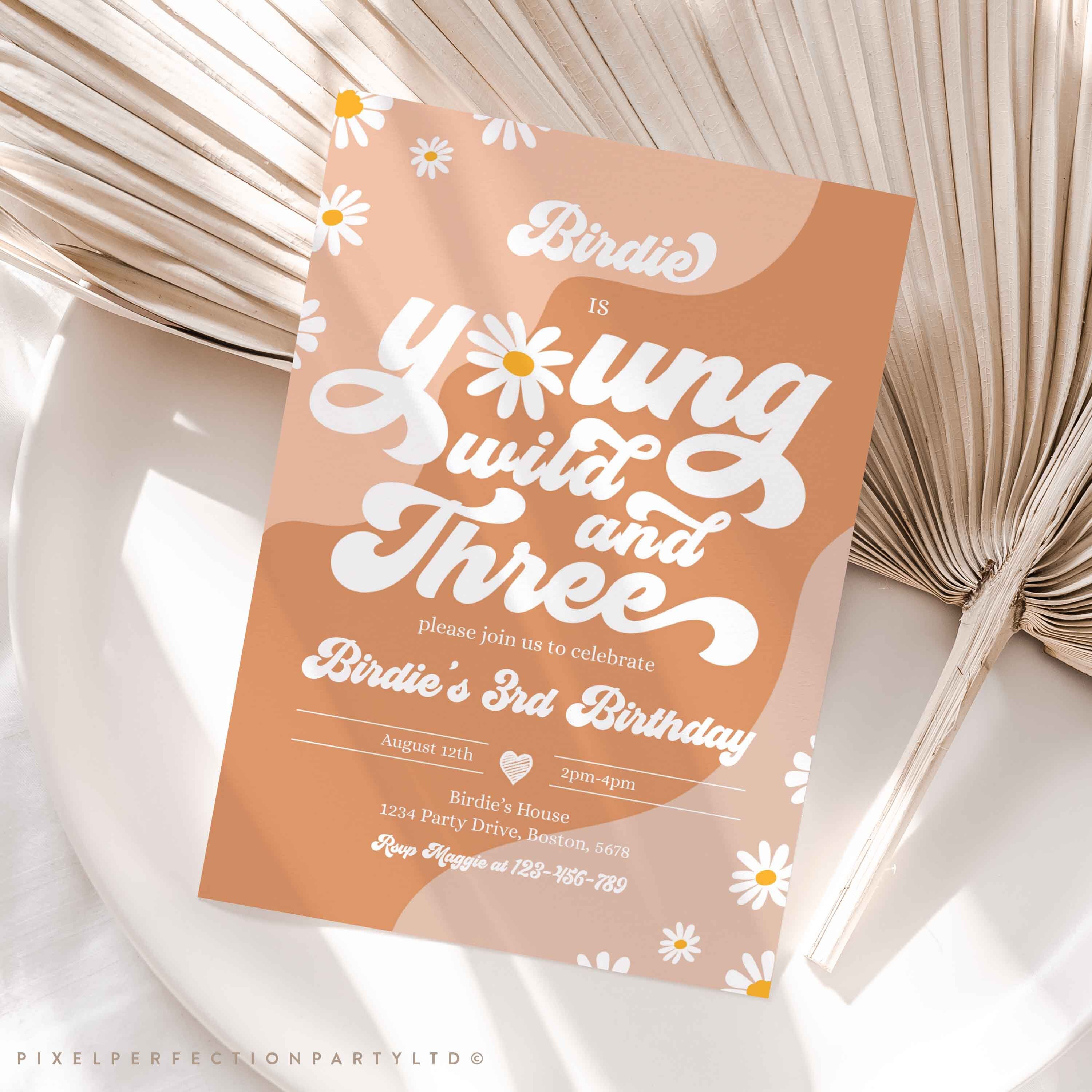 Editable Groovy Young Wild and Three 3rd Birthday Invite -  Norway