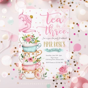 Editable Tea For Three Birthday Invitation Tea For Three 3rd Birthday Party Pink Gold Floral Whimsical Tea Party Instant Download TR image 8