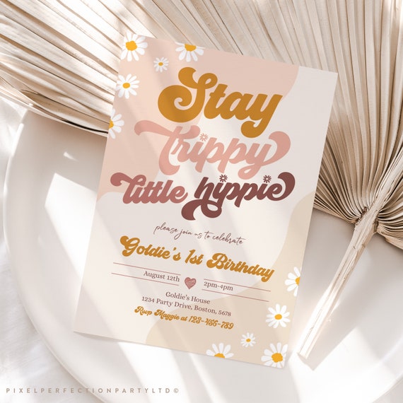 Editable Groovy Retro 1st Birthday Party Invitation Stay Trippy Little Hippie Daisy Floral 70's Festival Vibes Party Instant Download FR Il_570xn