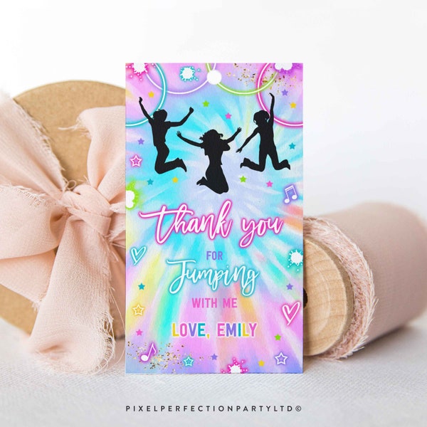 Editable Jump Birthday Party Favor Tags Tie Dye Jump Luggage Favor Tag Glow Jump Trampoline Party Let's Jump Party Instant Editable File TN
