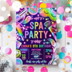 Puede incluir: Una invitaci&oacute;n morada con un dise&ntilde;o rosa ne&oacute;n, azul y verde para una fiesta de spa para celebrar el noveno cumplea&ntilde;os de Emma. La invitaci&oacute;n incluye detalles como la fecha, la hora y la ubicaci&oacute;n de la fiesta. Tambi&eacute;n menciona tratamientos faciales, manicura y pedicura, y diversi&oacute;n.