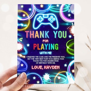 Editable Video Game Birthday Party Thank You Card Neon Gamer Birthday Game On Level Up Birthday Glow Gamer Party Decor Instant Download KN