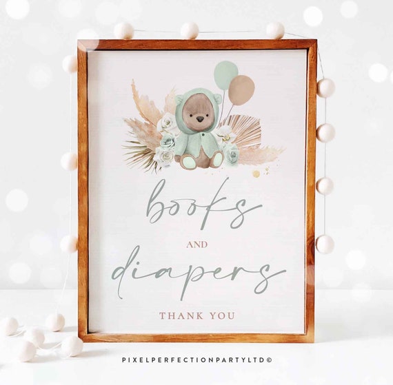 Boho Teddy Bear Baby Shower Books And Diapers Sign Bohemian Pampas