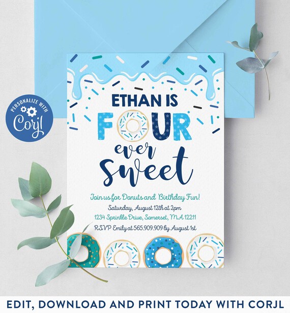 Editable Donut Four Ever Sweet Birthday Invitation Boy Donut 4th Birthday Party Blue Donut Birthday Party Instant Download Editable D8 Il_570xn
