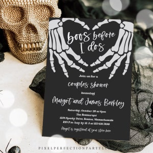 Editable Halloween Engagement Invitation Vintage Gothic Skellington Hands Boos Before I Dos Couples Shower Invitation Instant Download V5