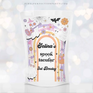 Editable Spooky Halloween Ghost Birthday Juice Pouch Labels Retro Groovy Rainbow Ghost Birthday Hippie Halloween Party Instant Download L3