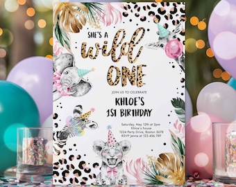 Editable Wild One Leopard Print Safari Animals 1st Birthday Party Invitation Leopard Print Jungle Wild One 1st Birthday Party Download 4ER