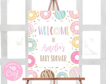 Editable Donut Welcome Sign Girl Donut Party Table Sign Donut Baby Shower Welcome Sign Donut Themed Party Instant Download Sign E2