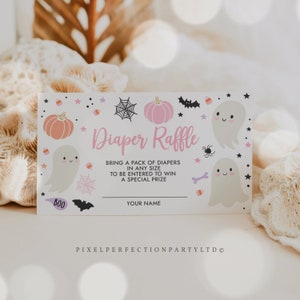 Editable Little Boo Baby Shower Diaper Raffle Ticket Halloween Girl Ghost Baby Shower A Little Boo Is Almost Due Shower Instant Download V3