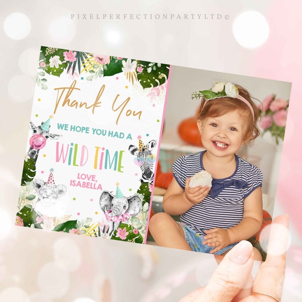 Editable Safari Animals Thank You Photo Card Pink Jungle Birthday Party Thank You Card Safari Party Animal Decor Instant Download File PS