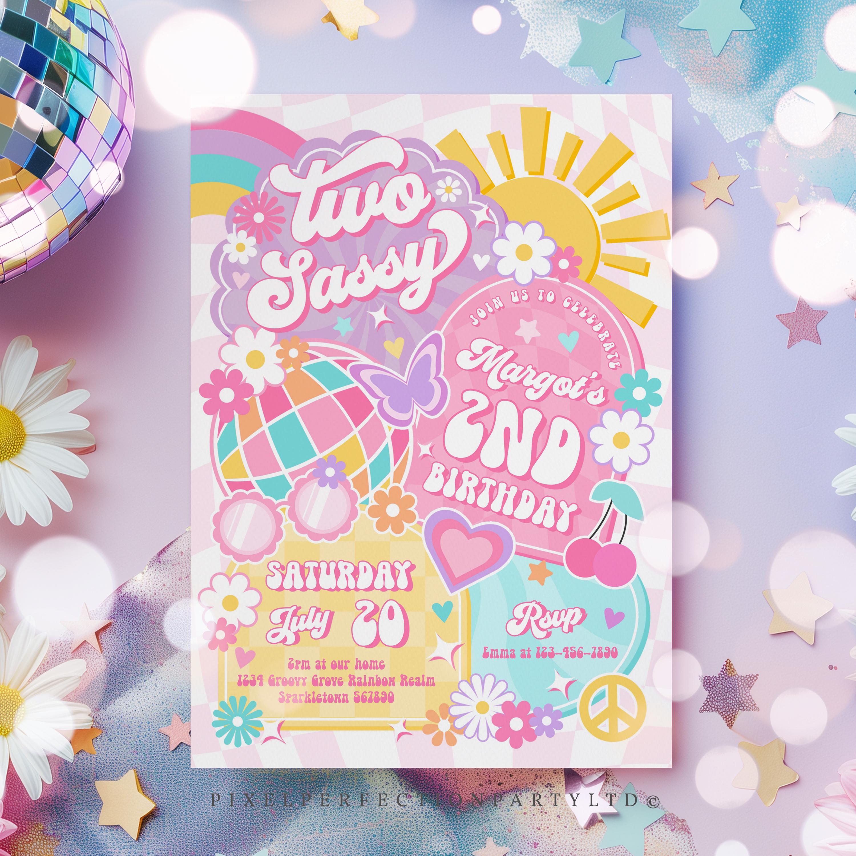 Editable Two Sassy 2nd Birthday Party Invitation Rainbow Sunshine Peace ...