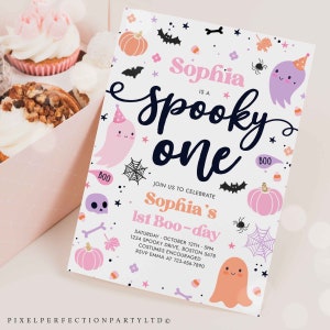 Editable Spooky One Halloween Ghost 1st Birthday Party Invitation Cute Pink Ghost 1st Birthday Spooktacular 1st Birthday Instant Download F6