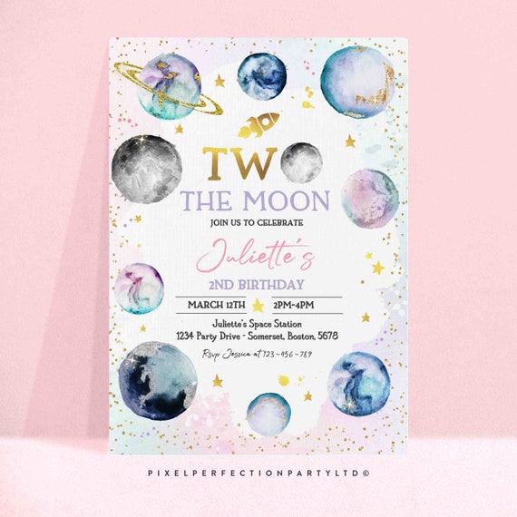 Editable Two The Moon Space Birthday Invitation Pink Outer Space Girl 2nd Birthday Rocket Space Planets Galaxy Party Instant Download LM Il_570xn