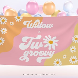 Editable Two Groovy Birthday Backdrop Retro Daisy Two Groovy Birthday Decor 70&#39;s Groovy Hippy Floral Festival Digital Download Backdrop J1