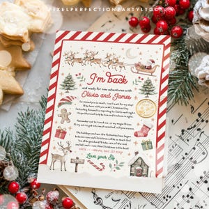 May include: A Christmas-themed card with a red and white striped border. The card features illustrations of Santa's sleigh, reindeer, Christmas trees, and a gingerbread man. Text includes "I'm back" and a personalized message for Olivia and James.
