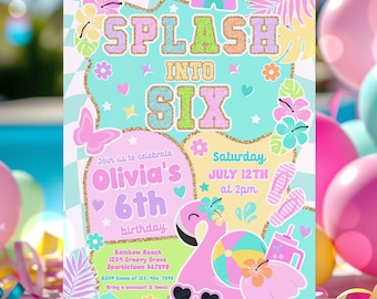 Editable Preppy 6th Birthday Pool Party Invitation Varsity Girl Fashion Splash Into 6 Sixth Birthday Summer Party Instant Download JY7