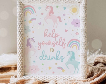 Unicorn Birthday Help Yourself to Drinks Sign Magical Pastel Rainbow Unicorn Birthday Whimsical Fairytale Unicorn Party Instant Download UY6