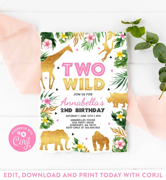 Two Wild Birthday Invitation Pink & Gold Jungle Animals Invitation Two Wild 2nd Birthday Party Instant Download Editable PDF File F1 Il_570xn
