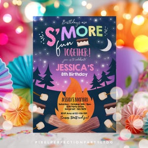 May include: A rectangular birthday invitation card featuring a dark blue night sky with stars, a crescent moon, and pine tree silhouettes. The text reads: Birthdays are S'MORE fun TOGETHER! join us to celebrate JESSICA'S 8th Birthday at JESSICA'S BACKYARD.