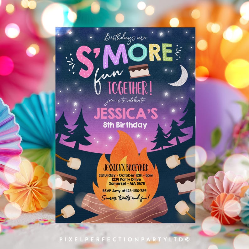 May include: A rectangular birthday invitation card featuring a dark blue night sky with stars, a crescent moon, and pine tree silhouettes. The text reads: Birthdays are S'MORE fun TOGETHER! join us to celebrate JESSICA'S 8th Birthday at JESSICA'S BACKYARD.