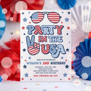 Editable 4th Of July Birthday Party Invitation Retro Groovy Party In The USA Invite Red White And Groovy Birthday Party Instant Download AV