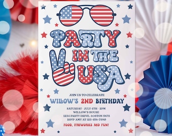 Editable 4th Of July Birthday Party Invitation Retro Groovy Party In The USA Invite Red White And Groovy Birthday Party Instant Download AV