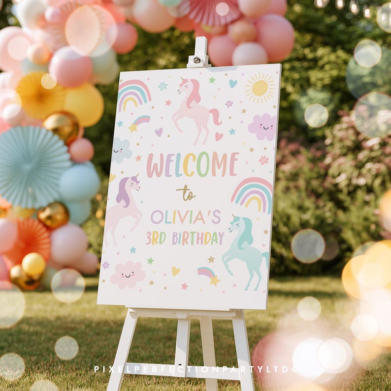 Editable Unicorn Birthday Welcome Sign Magical Pastel Rainbow Unicorn Birthday Party Whimsical Fairytale Unicorn Party Instant Download UY6 bild 1