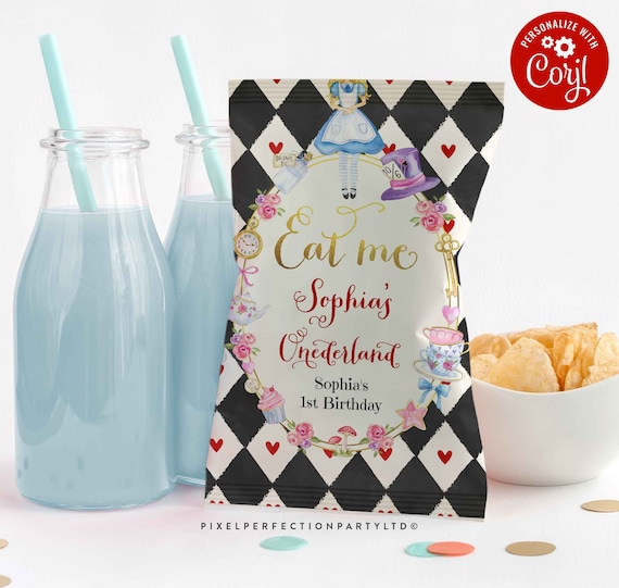 EDITABLE Alice in ONEderland Chip Bag Alice In Wonderland Chip Bag Alice In Onderland Tea Party Chip Party Favors Instant Download 8Z Il_570xn