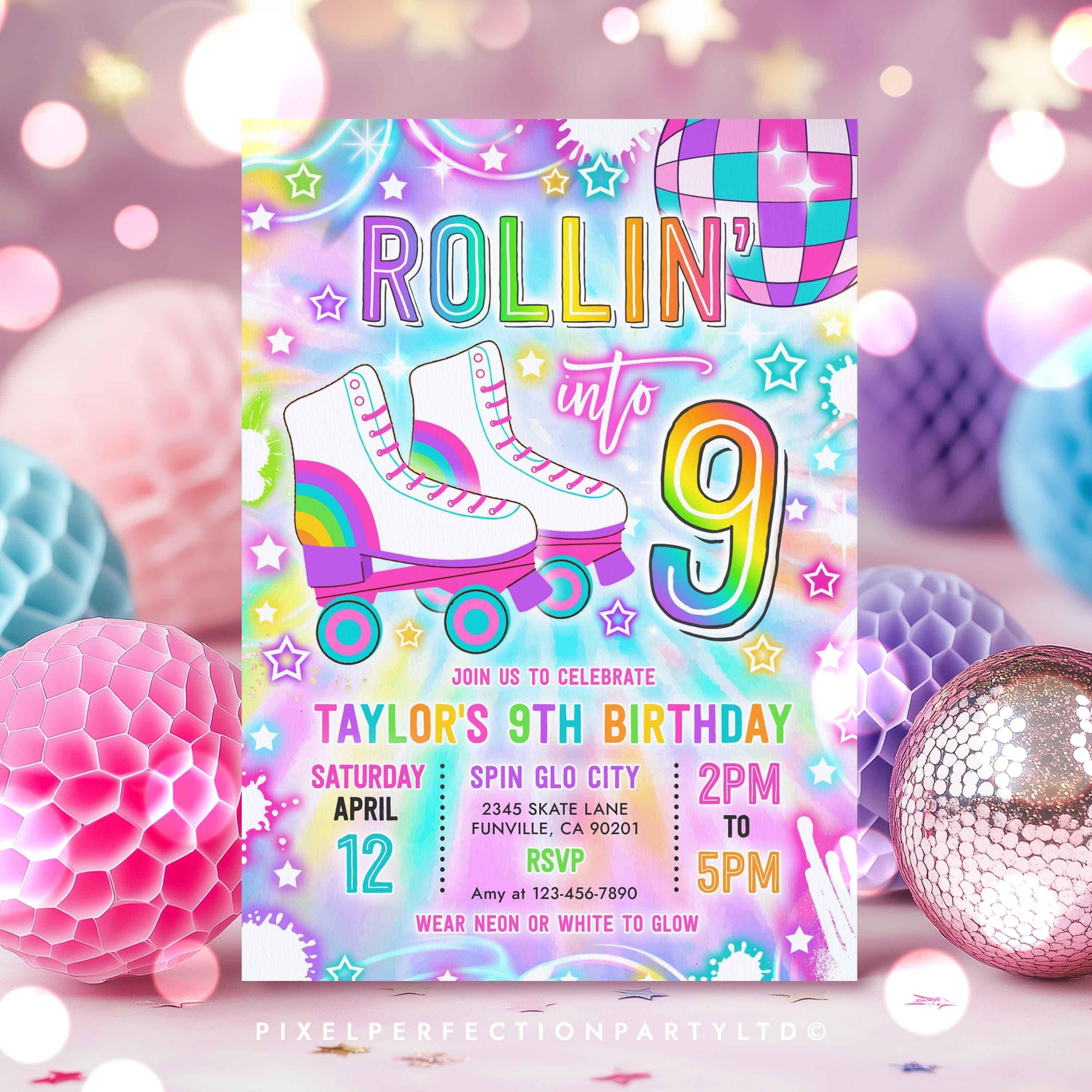 Editable Roller Skating 9th Birthday Party Invitation Rollin' Into Nine  Neon Glow Skating Party Roller Rink Disco Instant Download T8U - Etsy, image size:3000x3000