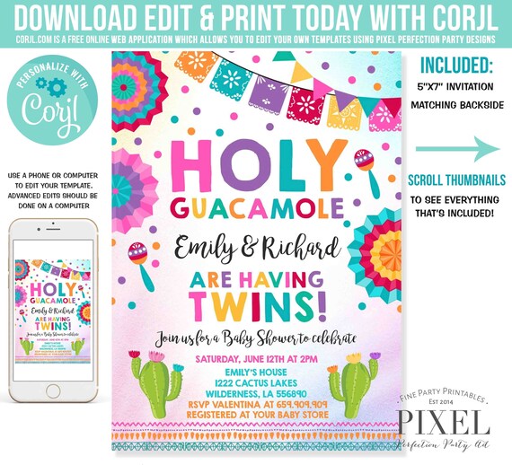 Twin Fiesta Baby Shower Invitation Holy Guacamole Twin Fiesta Baby Shower Invitation Mexican Cactus Shower Instant Download Editable File 4T Il_570xn