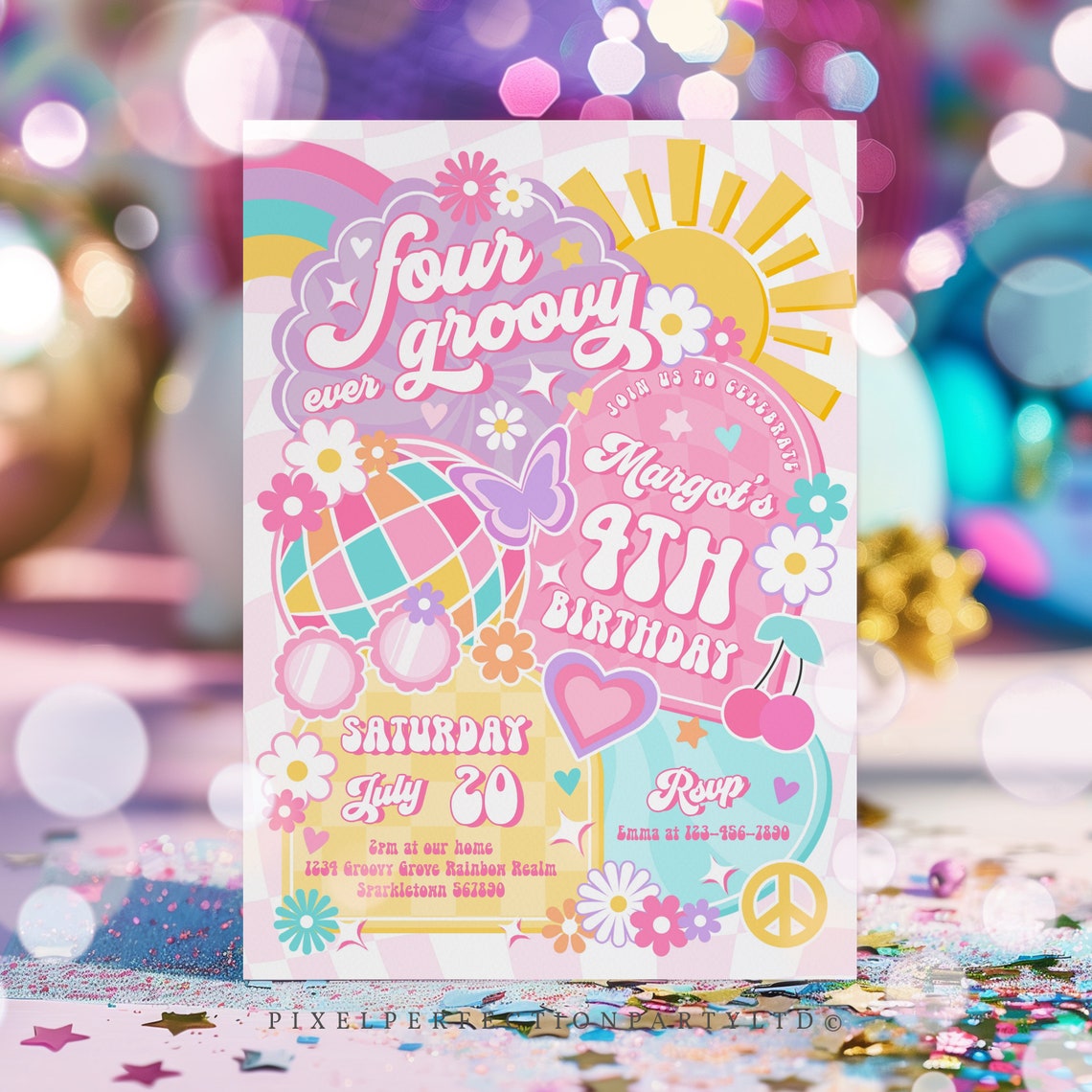 Editable Four Ever Groovy 4th Birthday Party Invitation Rainbow ...