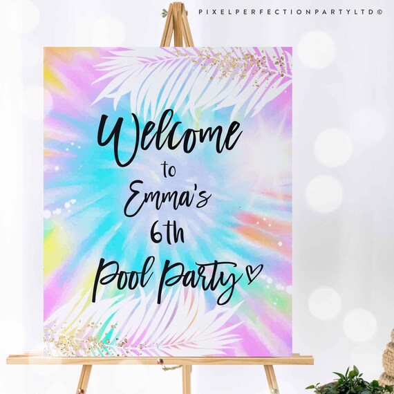 Editable Pool Party Welcome Sign Girly Tie Dye Pool Party Welcome Sign Pool Birthday Party Summer Swimming Pool Party Instant Download RR Il_570xn