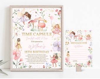 Editable Fairy Birthday Party Time Capsule + Note Card Enchanted Magical Floral Fairy Princess Birthday Party Instant Editable File SF