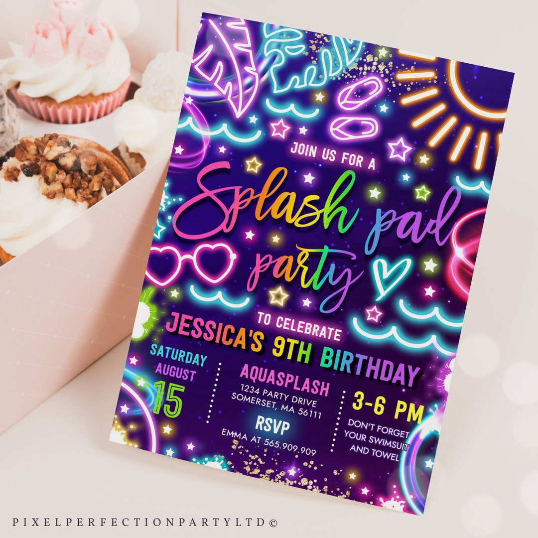 Editable Splash Pad Birthday Party Invitation Glow Neon Splash Etsy