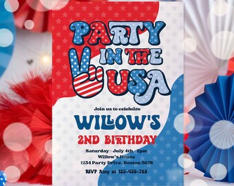 Editable 4th Of July Birthday Party Invitation Retro Groovy Party In The USA Invite Red White And Groovy Birthday Party Instant Download AB