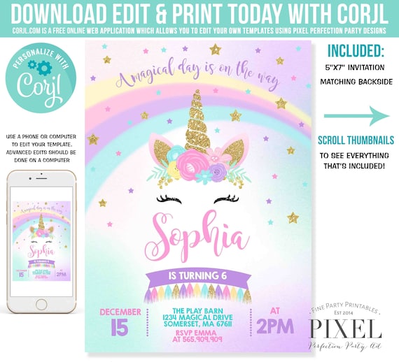 Unicorn Invitation Unicorn Birthday Invitation Rainbow Unicorn Party Magical Unicorn Party Instant Download Editable File Corjl I8 Il_570xn