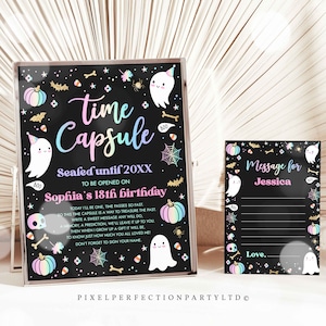 Editable Pastel Halloween Ghost Time Capsule + Matching Note Card Pink Ghost Spooky One Spooktacular Halloween Birthday Instant Download DQ