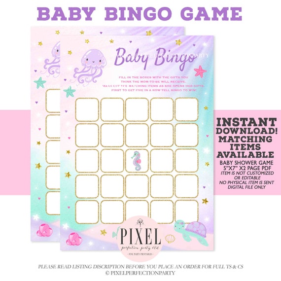 Under The Sea Baby Shower Bingo Game Sea Animals Bingo Game Under the Sea Whimsical Bingo Game Girl Shower Baby Bingo Shower Game 7F Il_570xn