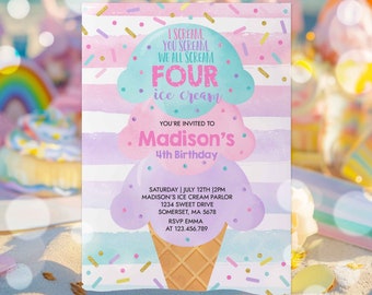 Editable Ice Cream Birthday Invitation I scream You Scream We All Scream Four Ice Cream 4th Birthday Party Invite Invite Instant Download WC