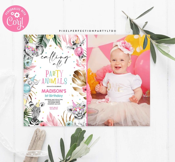Editable Party Animals Birthday Invitation Safari Animals Birthday Invite Girl Safari Modern Monochrome Safari Party Instant Download PS Il_570xn