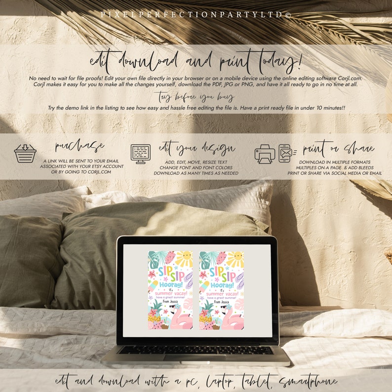 May include: A laptop displays a digital invitation with a tropical theme, featuring flamingos, pineapples, and the text "SIP SIP Hooray!" The image also includes instructions for editing and printing the design.