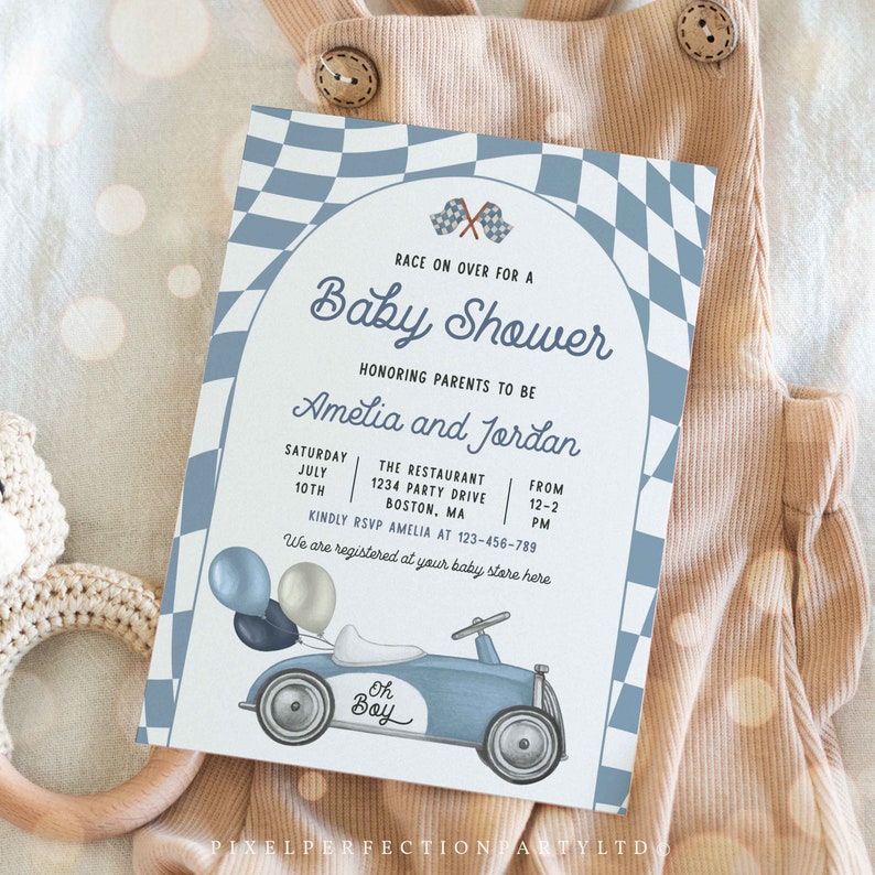 Editable Race Car Baby Shower Invitation Oh Boy Vintage Race Car Baby ...