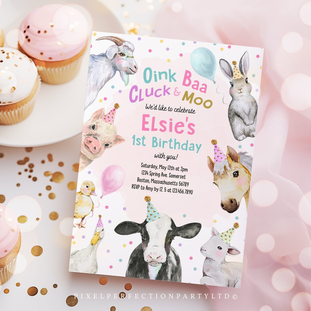 Editable Farm Animals Birthday Party Invitation Pink Girl Farm Barnyard ...