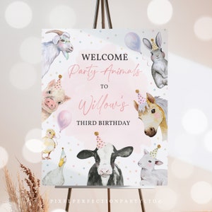 Editable Farm Animals Birthday Party Welcome Sign Pink Girl Farm Barnyard 1st Birthday Party Animals 1st Birthday Party Instant Download HYS