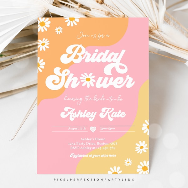 Editable Retro Bridal Shower Invitation Retro Bohemian Hippie Vibes Daisy 70s Flower Power Bridal Shower Invitation Instant Download J1