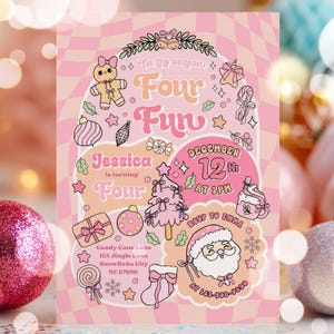 Editable &#39;Tis The Season Four Fun 4th Birthday Party Invitation Groovy Christmas Peach And Pink Girl 4th Birthday Party Instant Download GJ3