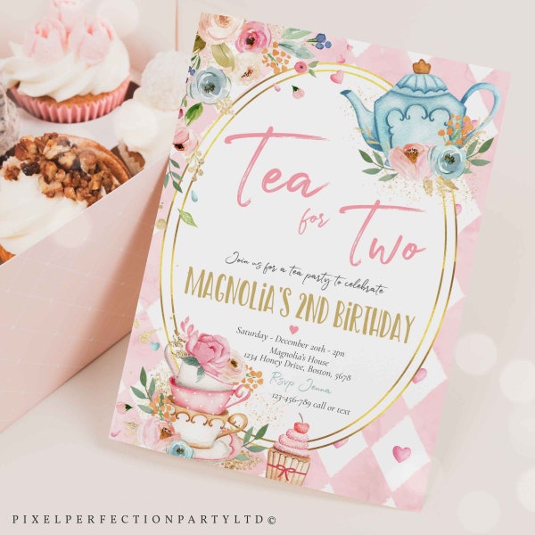 Editable Tea For Two Birthday Invitation Tea For Two 2nd Birthday Party Pink Gold Floral Whimsical Tea Party Instant Download 48